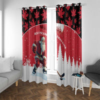 Christmas window curtain set with red-and-white Santa hockey design and black maple-leaf panels