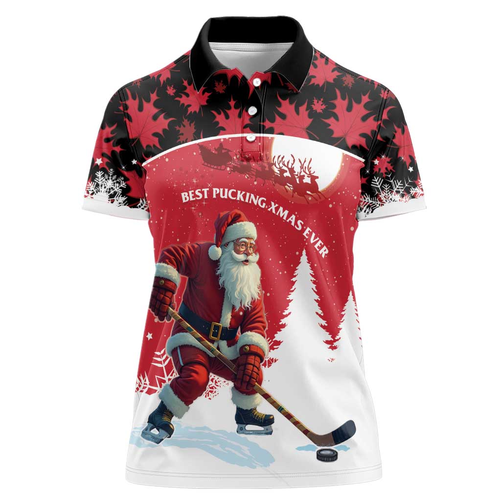 Personalized Canada Christmas Women Polo Shirt Santa Claus Hockey Player - Maple Leaves Pattern