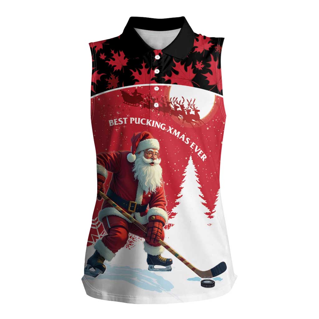 Personalized Canada Christmas Women Sleeveless Polo Shirt Santa Claus Hockey Player - Maple Leaves Pattern