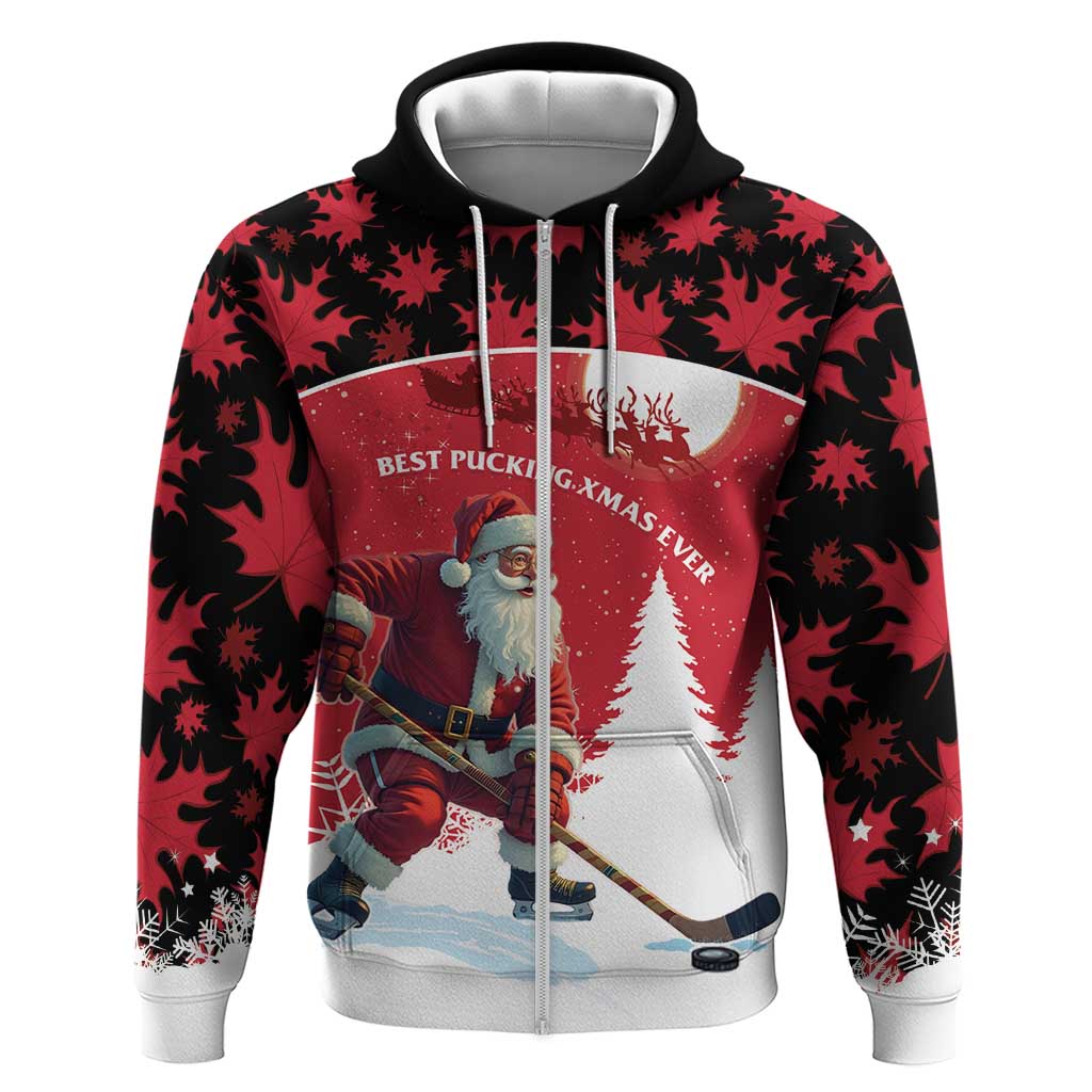 Personalized Canada Christmas Zip Hoodie Santa Claus Hockey Player - Maple Leaves Pattern