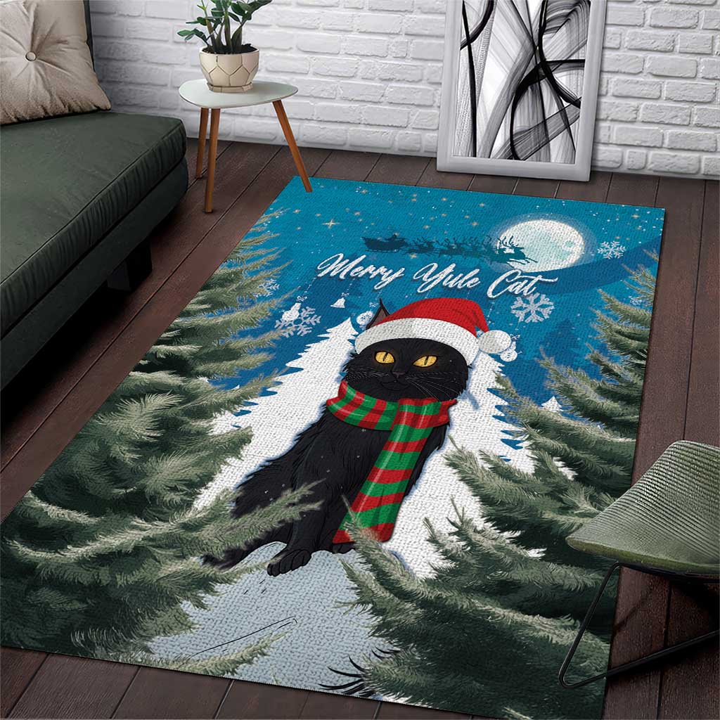 Blue area rug with Merry Yule Cat artwork, black cat in red-green scarf and hat