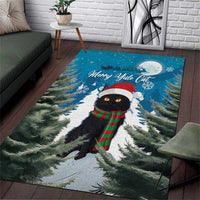 Blue area rug with Merry Yule Cat artwork, black cat in red-green scarf and hat