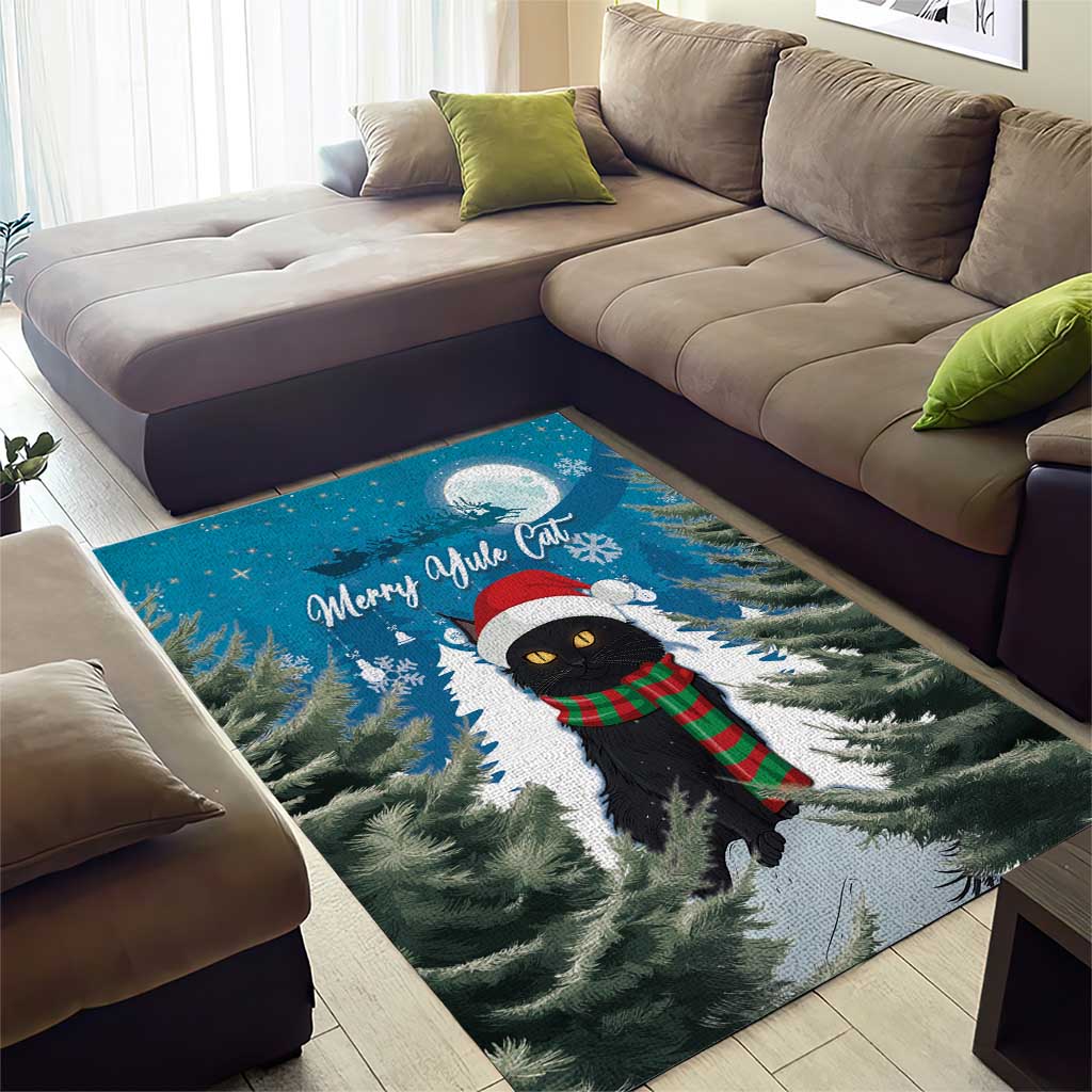 Blue Merry Yule Cat area rug featuring snowy pine forest, black cat and red-green scarf