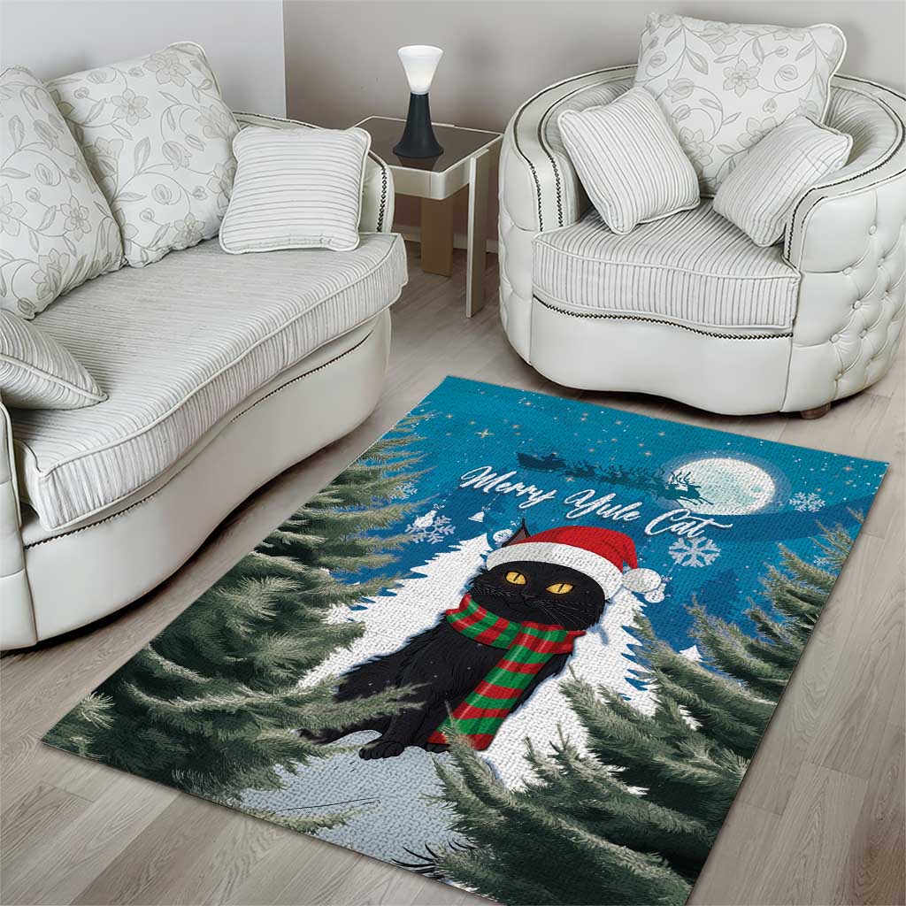 Blue cat Christmas area rug with black cat, small snowman, pine trees, and moon