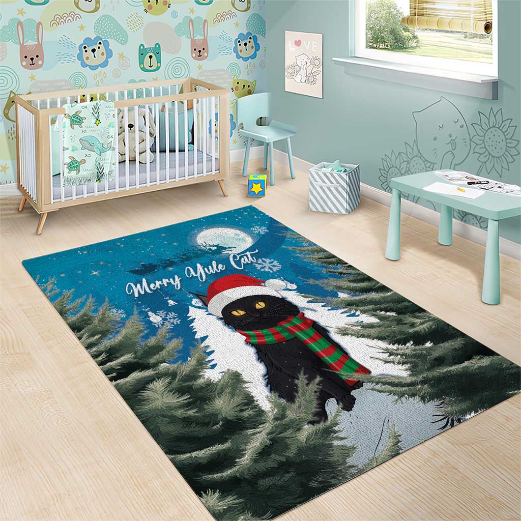 Blue Christmas cat area rug for kids room, snowy pines with black cat in scarf and hat