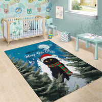 Blue Christmas cat area rug for kids room, snowy pines with black cat in scarf and hat
