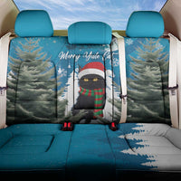 Blue car back seat cover set with cat winter graphic and tree pattern, includes headrest covers.