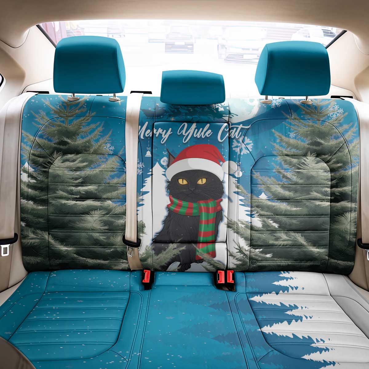 Blue car seat cover set with cat wearing winter hat, snowy trees design, front and back coverage.