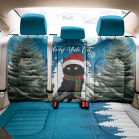 Blue car seat cover set with cat wearing winter hat, snowy trees design, front and back coverage.