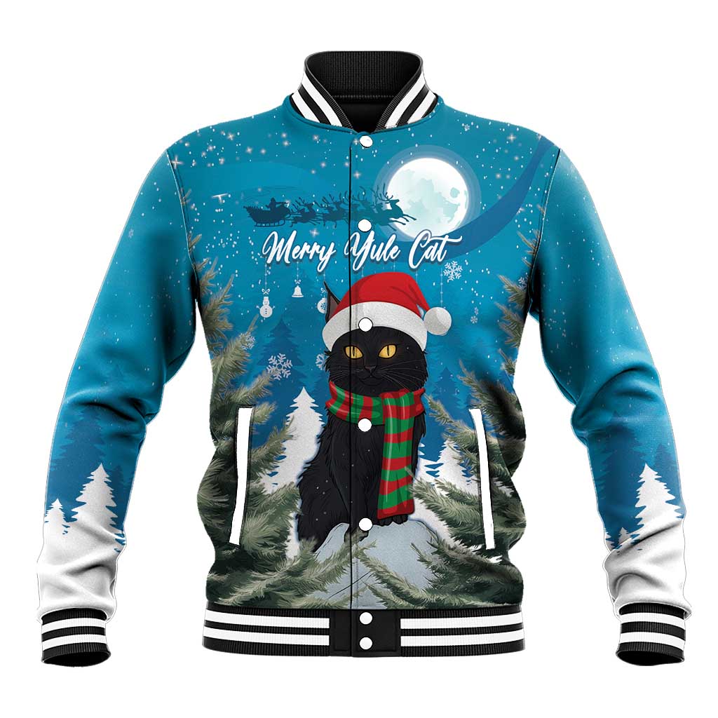 Unisex blue baseball jacket with black cat graphic, red hat, striped ribbed collar