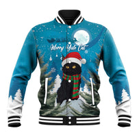 Unisex blue baseball jacket with black cat graphic, red hat, striped ribbed collar