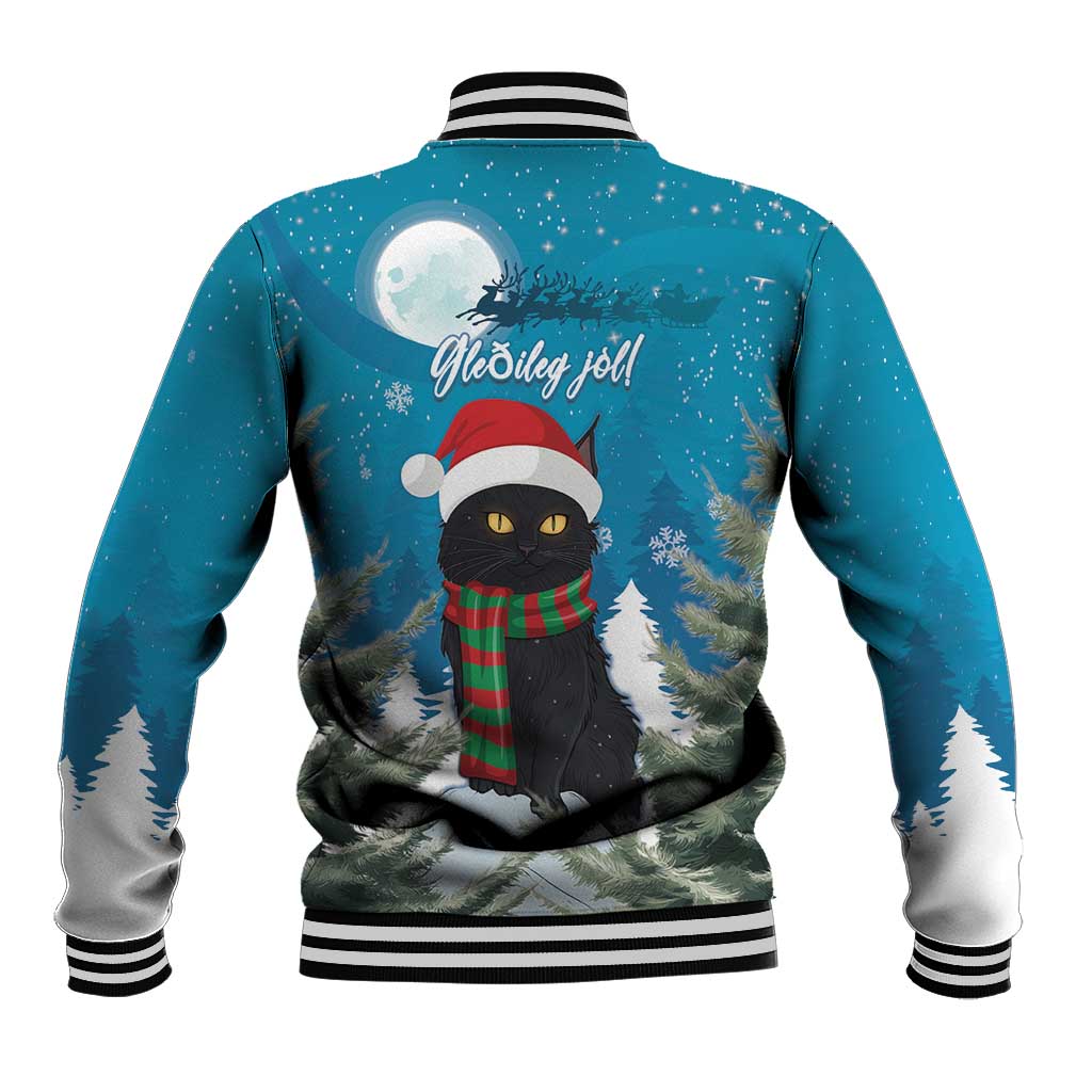 Unisex blue baseball jacket, back black cat graphic with red hat and striped ribbed hem