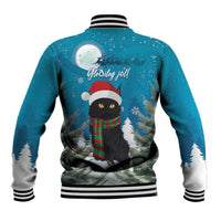 Unisex blue baseball jacket, back black cat graphic with red hat and striped ribbed hem