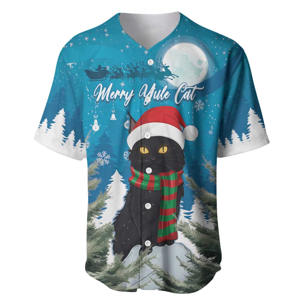 Blue baseball jersey with Merry Yule Cat graphic, Santa hat and scarf, button front