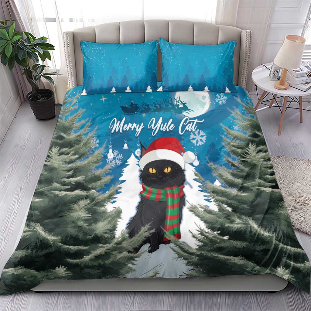 Blue Christmas cat duvet cover with two matching pillowcases, tree scene design