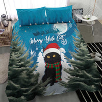 Blue Christmas cat bedding set with duvet cover and two pillowcases, winter tree print