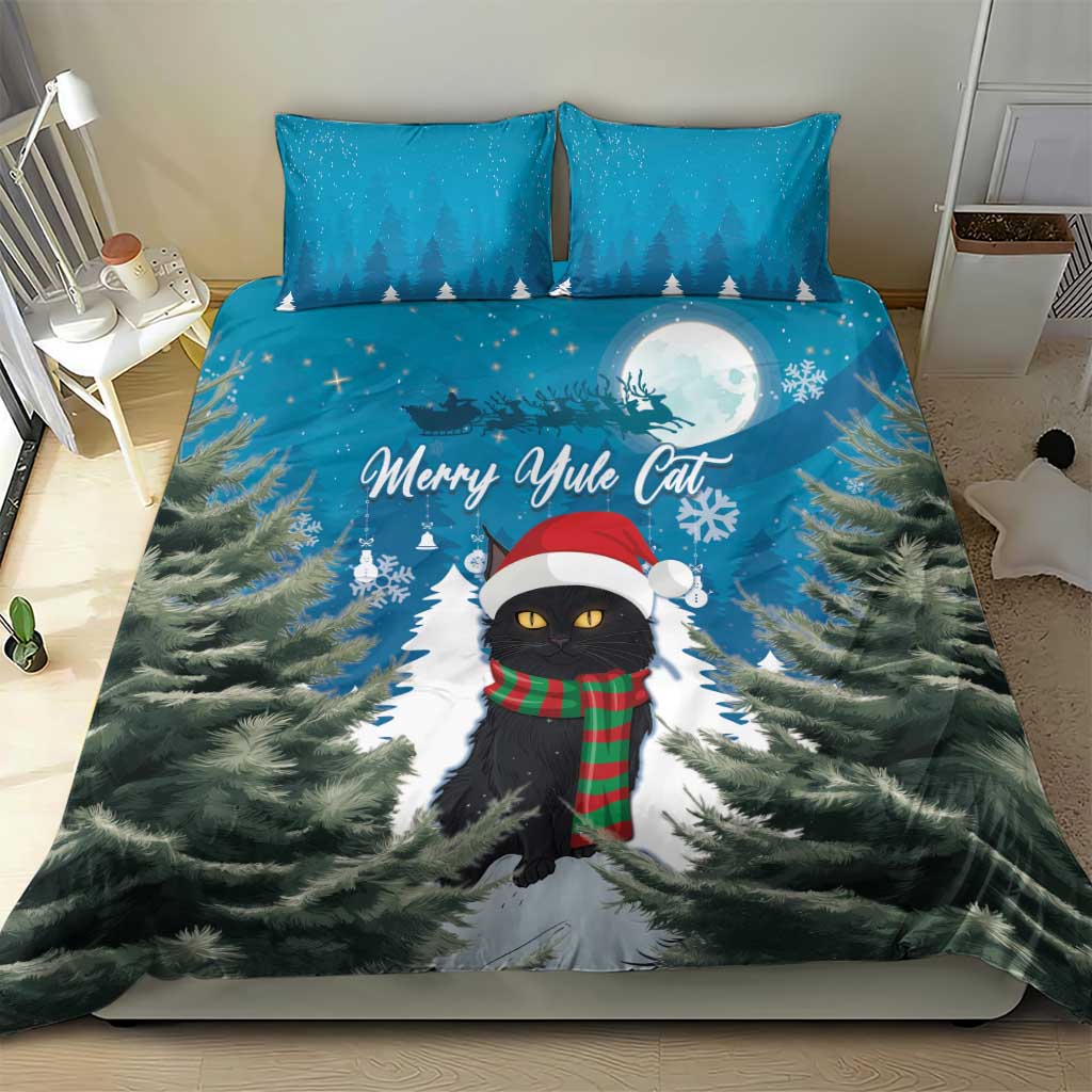 Blue Christmas cat duvet cover with two pillowcases featuring cat in hat and scarf