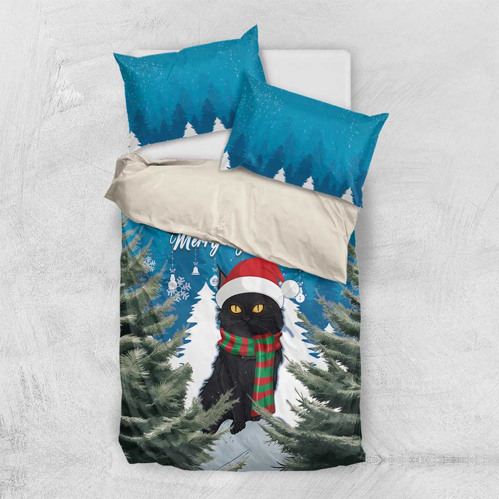 Blue Christmas cat duvet cover set with two pillowcases, cat in santa hat design