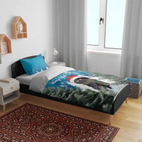Blue Christmas cat duvet cover with two pillowcases on bed, evergreen tree print