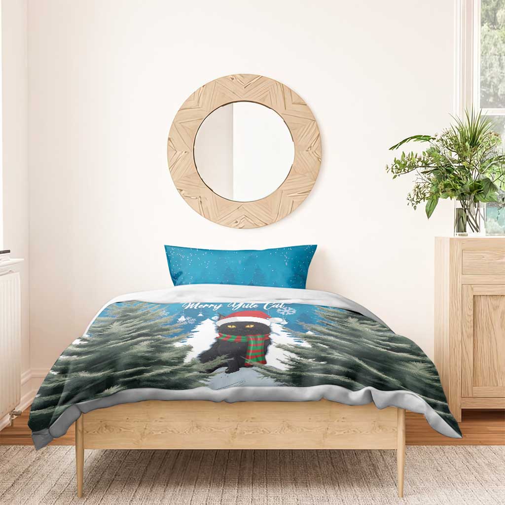Blue Christmas cat duvet cover and pillow with cat in hat and scarf, tree print