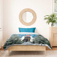 Blue Christmas cat duvet cover and pillow with cat in hat and scarf, tree print