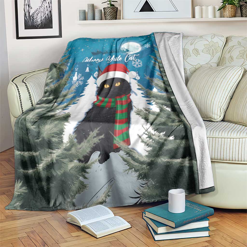 Blue Christmas fleece blanket with cute black cat in hat among pine trees