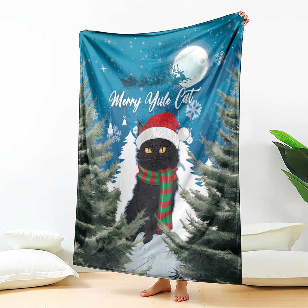 Blue throw blanket featuring black cat in red Santa hat with plaid scarf