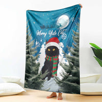 Blue throw blanket featuring black cat in red Santa hat with plaid scarf