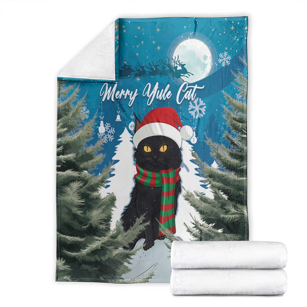 Blue Christmas blanket with black cat in red Santa hat, folded display