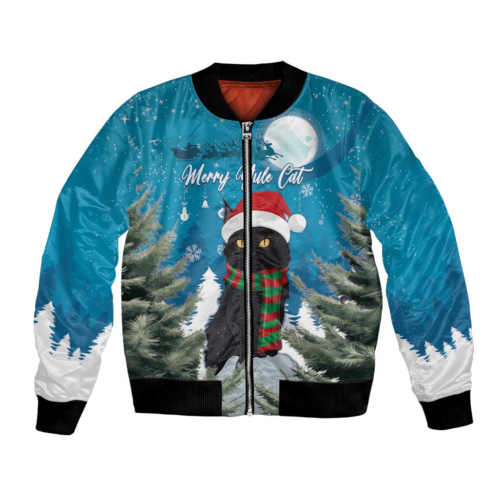 Unisex blue Christmas bomber jacket with cat, pine trees, ribbed cuffs and collar