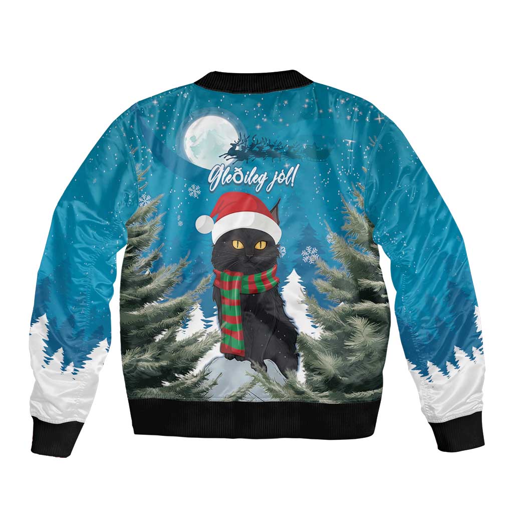 Christmas bomber jacket with black cat, Santa hat, scarf, and moon print