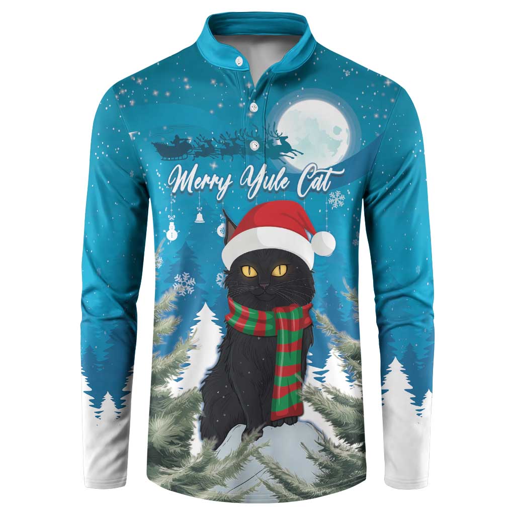 Men's teal button sweatshirt with cat holiday graphic, Santa hat, and snowy forest scene