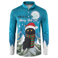 Men's teal button sweatshirt with cat holiday graphic, Santa hat, and snowy forest scene