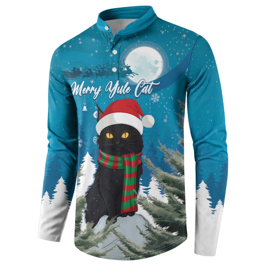 Men's teal button sweatshirt featuring a cat in Santa hat with 'Merry Yule Cat' print