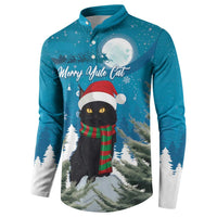 Men's teal button sweatshirt featuring a cat in Santa hat with 'Merry Yule Cat' print