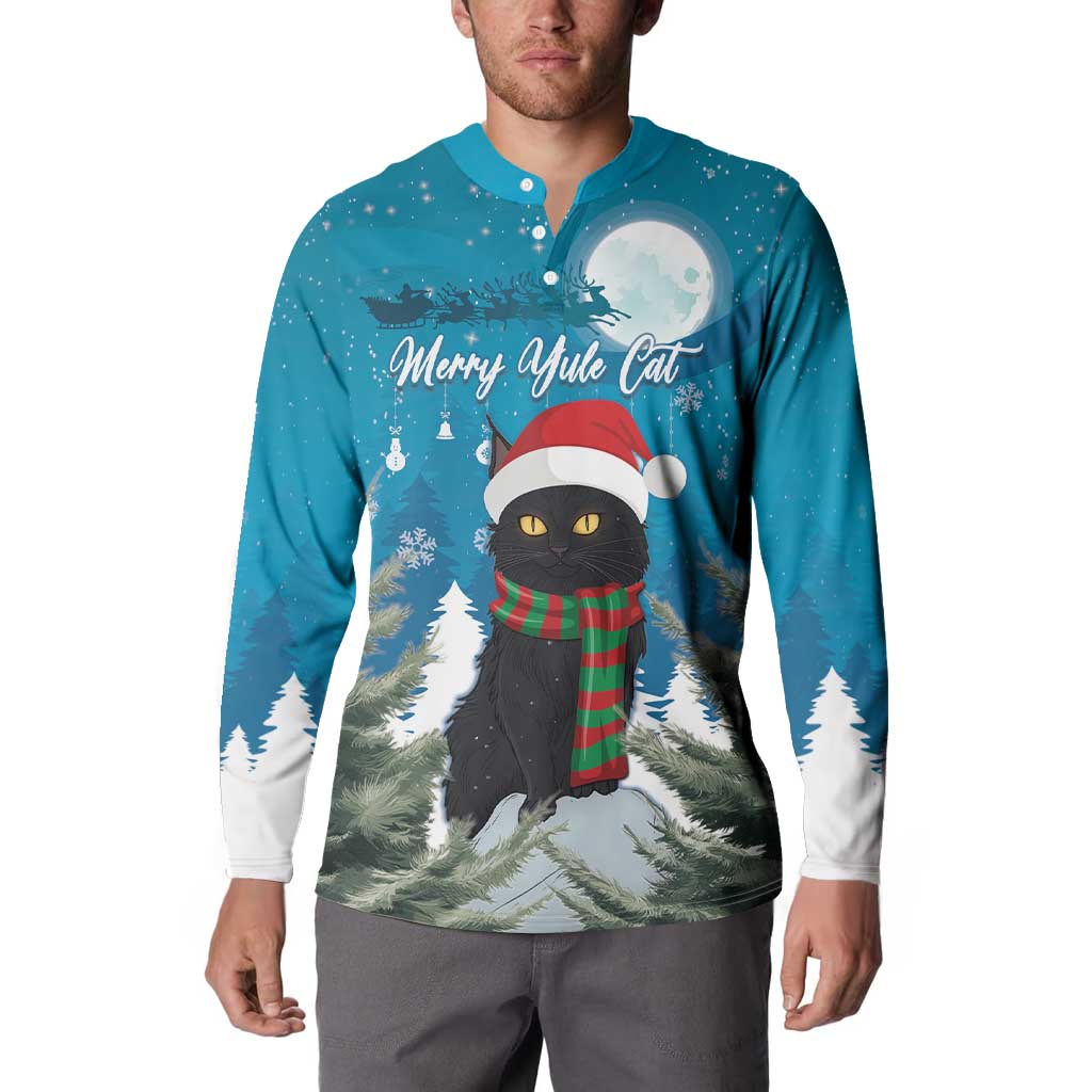 Men's teal button sweatshirt worn by model, front cat in scarf and Santa hat print