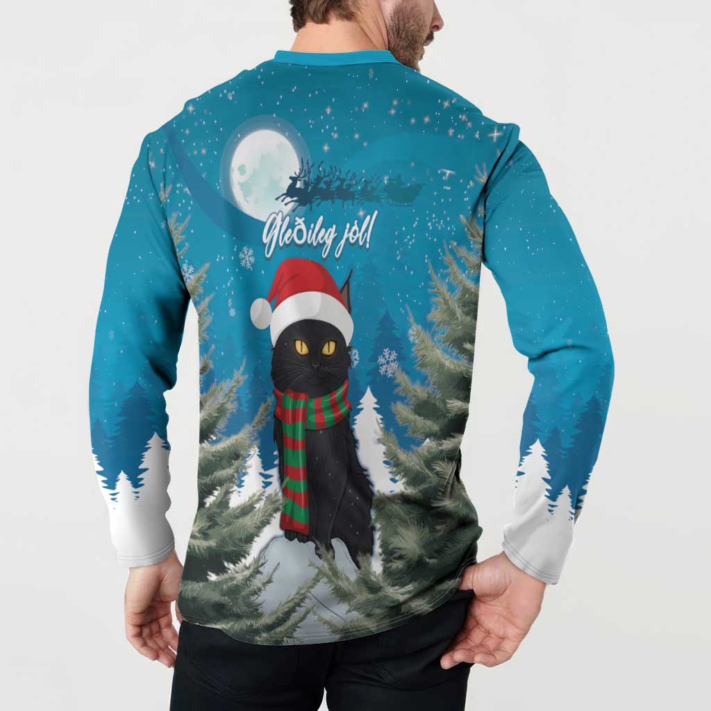 Men's teal button sweatshirt worn by model, back view with cat holiday moon scene print