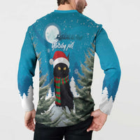 Men's teal button sweatshirt worn by model, back view with cat holiday moon scene print