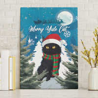 Blue Merry Yule Cat canvas wall art featuring a black cat in Santa hat and striped scarf