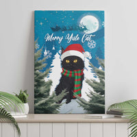 Blue Merry Yule Cat canvas wall art with a black cat wearing a Santa hat and striped scarf