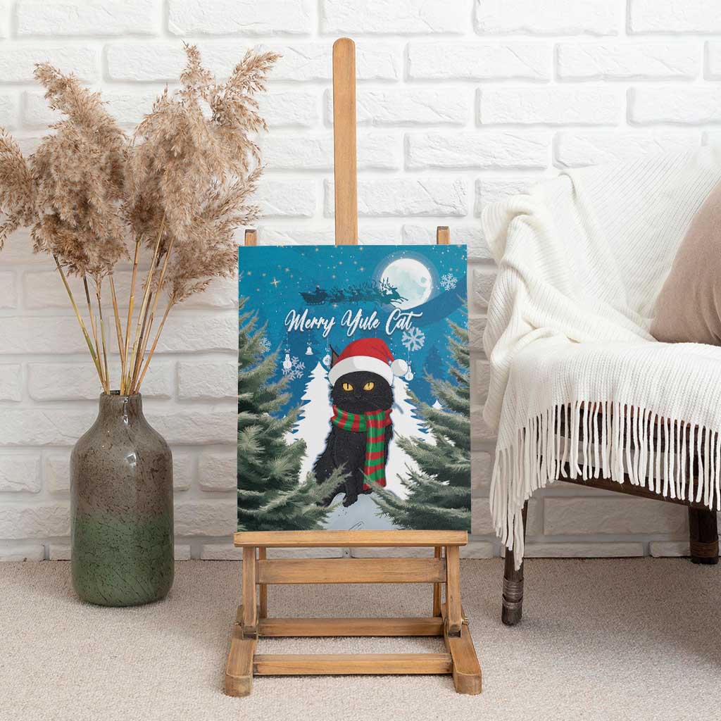 Blue cat canvas wall art on wooden easel, black cat in Santa hat and red green striped scarf