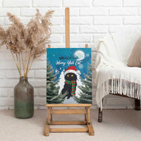 Blue cat canvas wall art on wooden easel, black cat in Santa hat and red green striped scarf