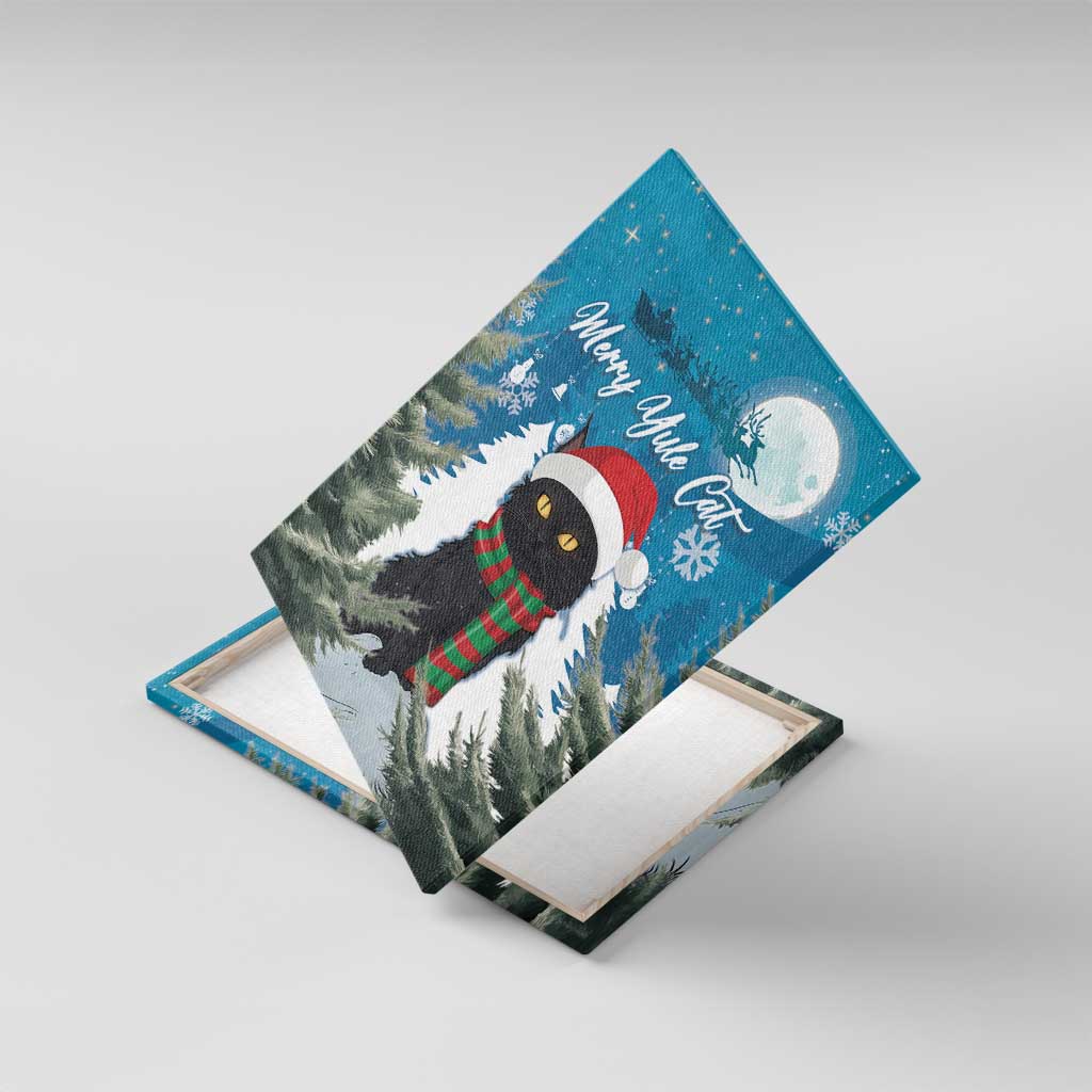 Blue Merry Yule Cat canvas wall art, angled view of black cat in Santa hat and striped scarf
