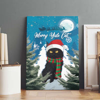 Blue Merry Yule Cat canvas wall art showing black cat in Santa hat and red green striped scarf