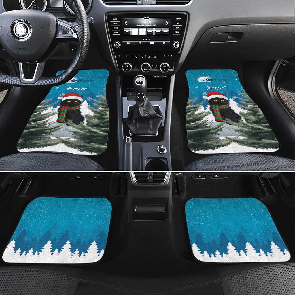 Blue Christmas cat car floor mats with snowy pine trees and winter hat cat