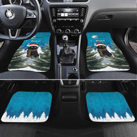Blue Christmas cat car floor mats with snowy pine trees and winter hat cat
