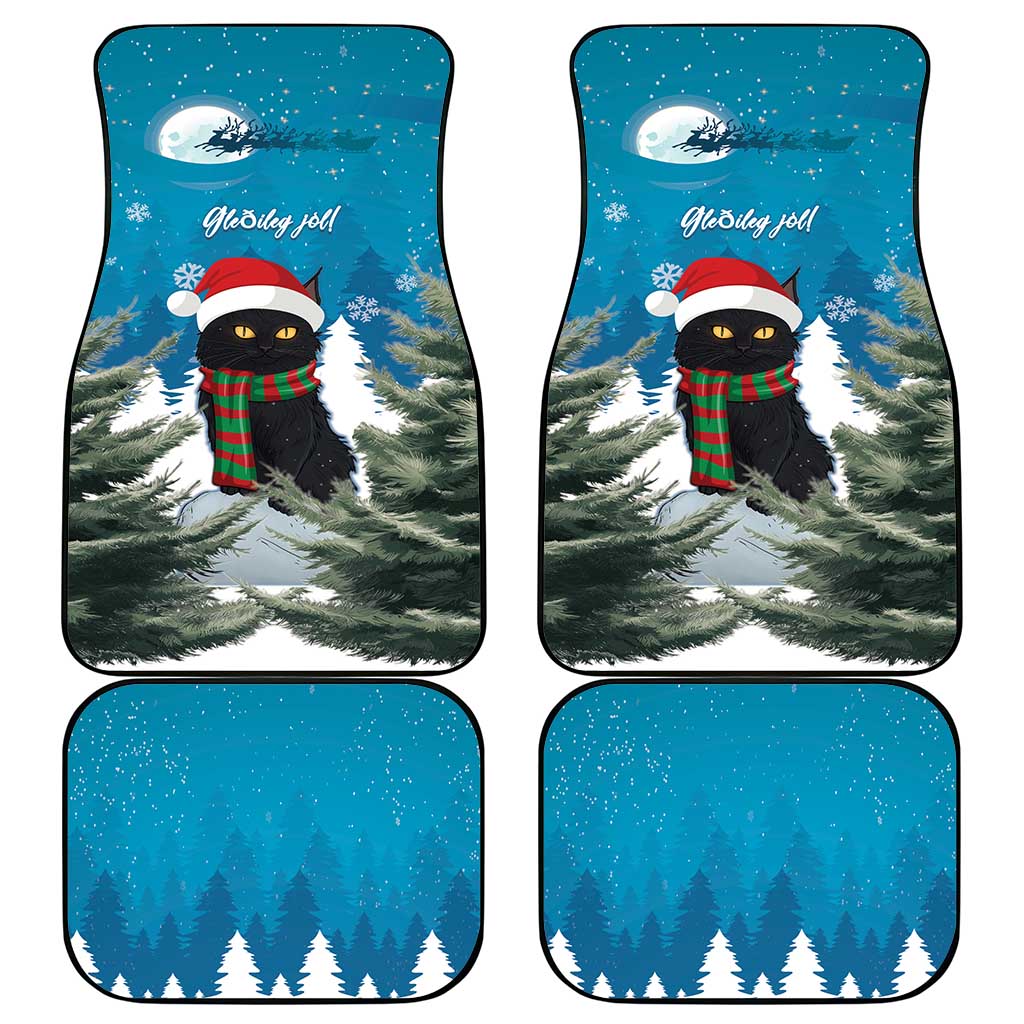Blue Christmas cat car floor mats set of 4, snowy pines, moon, and “Gledelig Jul”