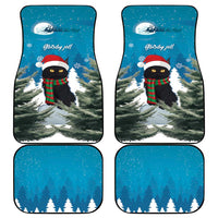 Blue Christmas cat car floor mats set of 4, snowy pines, moon, and “Gledelig Jul”
