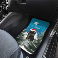Blue Christmas cat rear car floor mat, snowy forest with red hat cat and pine trees