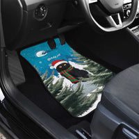 Blue Christmas cat car floor mat design, snowy pines and cat in a striped scarf